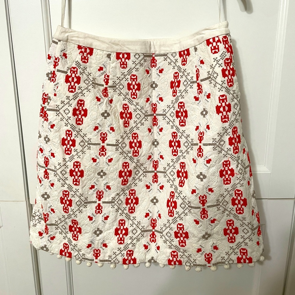 Anthropologie Maeve Blomma Pom Pom Skirt cream and orangey red with side zip